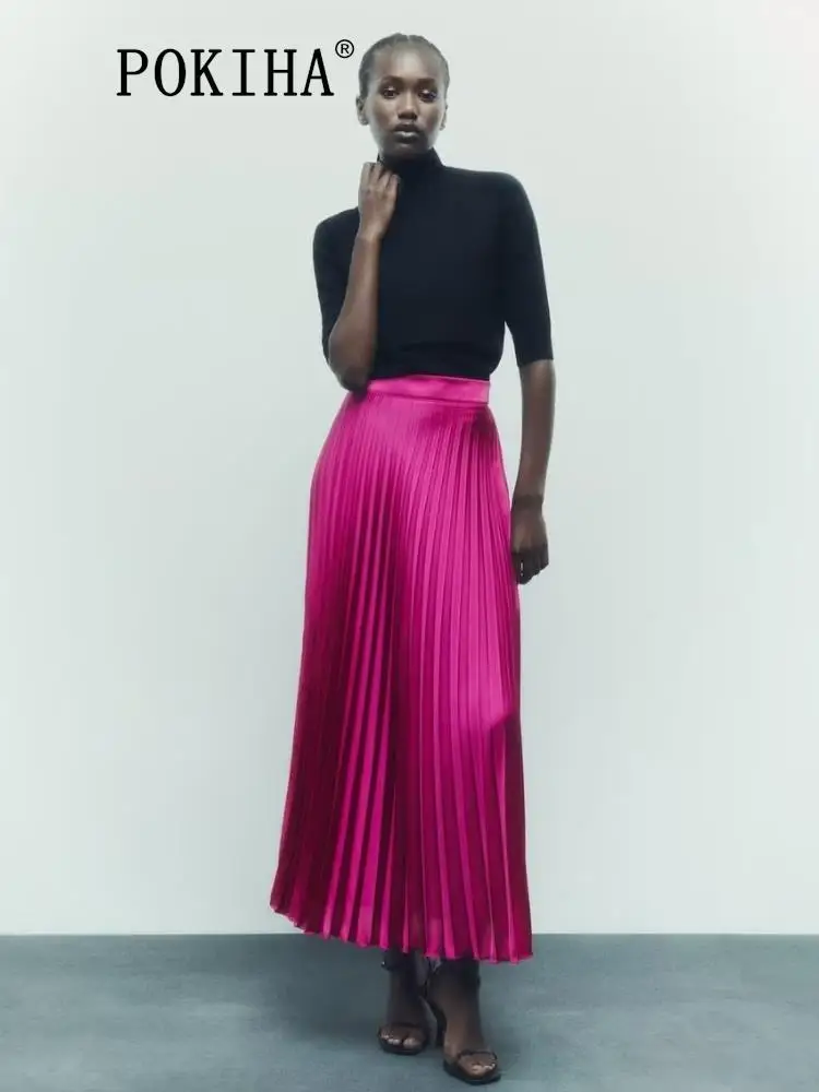 

Pokiha Fashion Women New Elegant Versatile Solid Pleated Midi Skirt Vintage High Waist Zipper Fly Chic Female Skirts Mujer