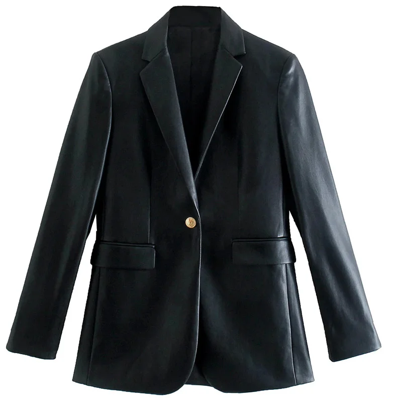 

Women Faux PU Leather Jacket Metal Single Button Vintage Long Sleeve Blazers Pockets Female Black Suit Coat
