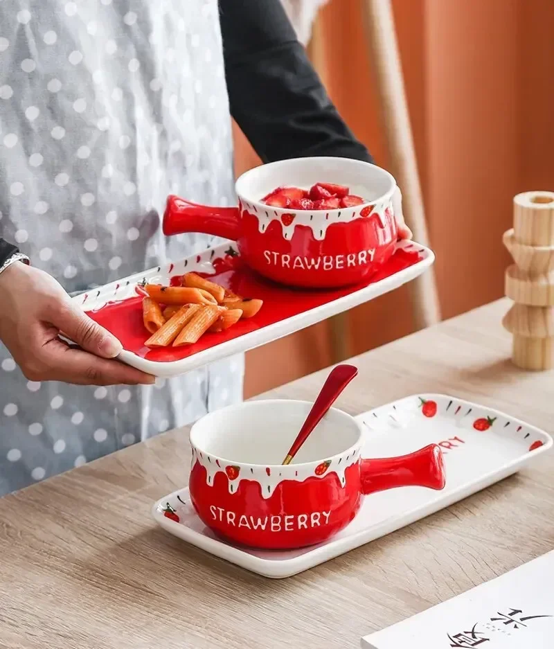 

Strawberry Bowl Embossed With Tray, Bowl Plate Design, Cereal And Porcelain Morning Verrine 2pcs Set, Dessert Snack Ceramic Set,