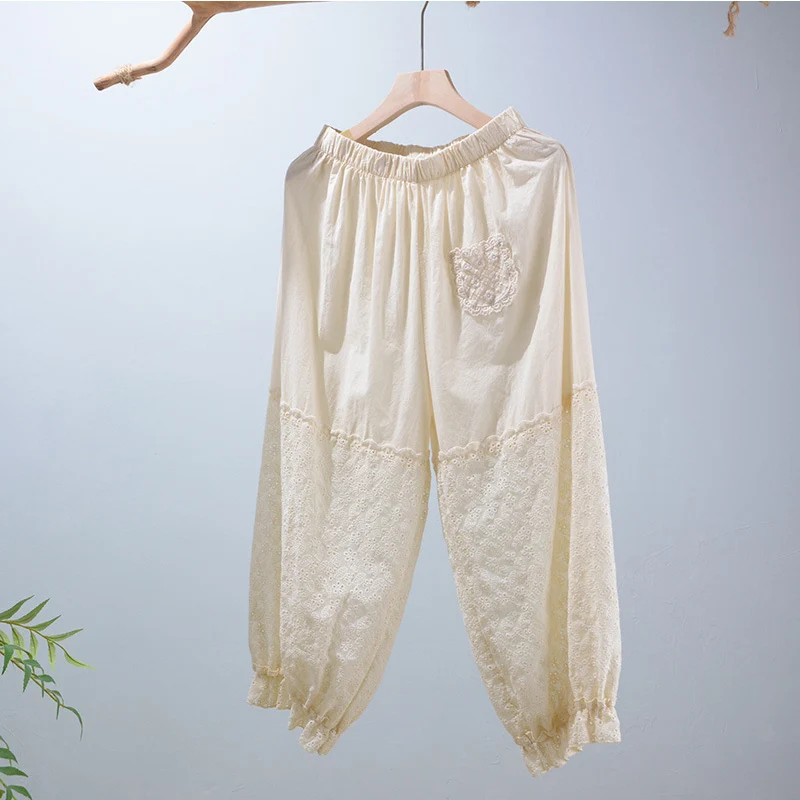 

Japanese Mori Girl Fold Wear Monolayer Pants Women Solid Color Embroidery Hollow Out Cotton Buds Female Pants K008