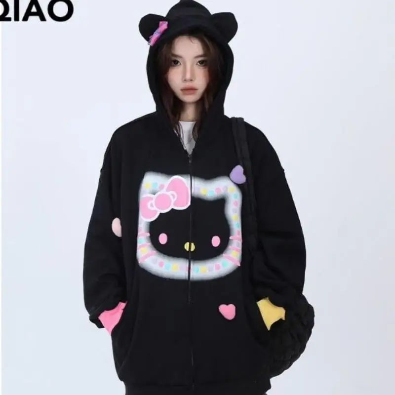 Популярный Kawaii Hello Kitty милый свитшот с капюшоном Sanrio топы длинными рукавами для