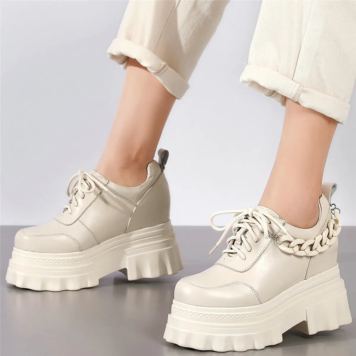 2022 Fashion Sneakers Women Lace Up Genuine Leather High Heel Ankle Boots Female Round Toe Chunky Platform Pumps Casual Shoes