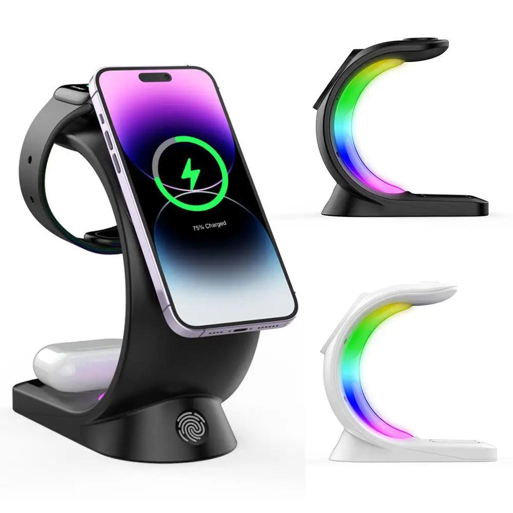 

Магнитная Беспроводная зарядная док-станция 3 в 1 с подсветкой RGB для IPhone 14, 13, 12, Airpod, 8, 7, 6, быстрая зарядка