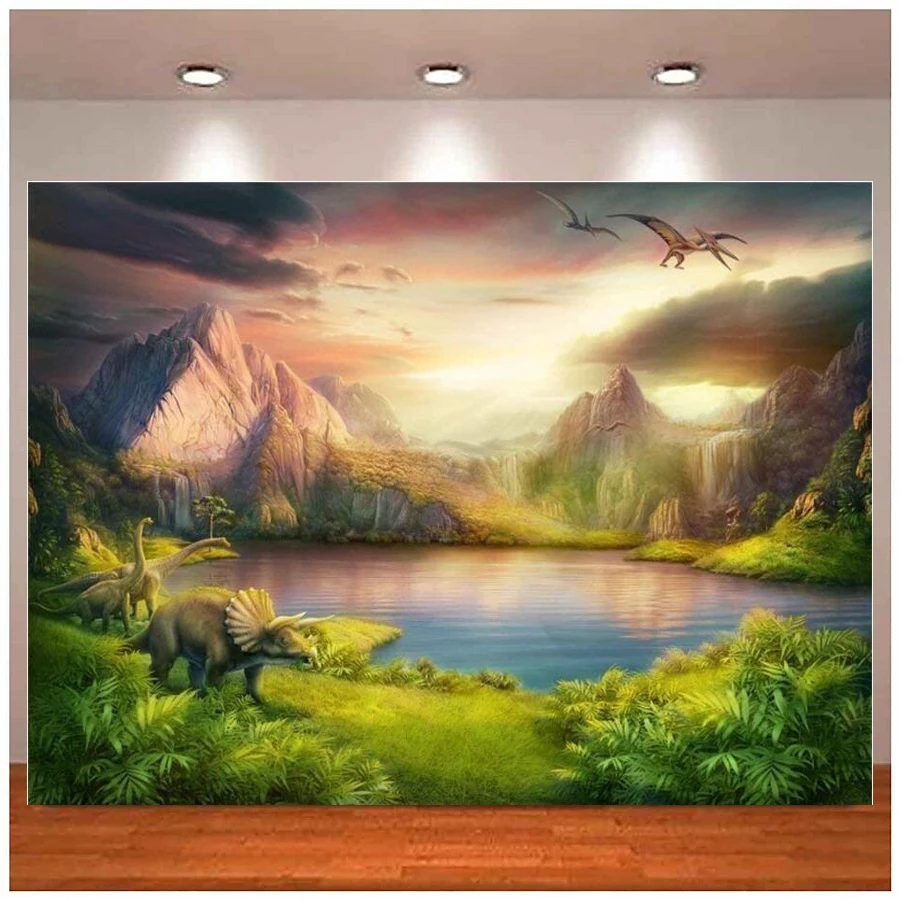 

Photography Backdrop For Boy Birthday Party Dinosaurs World Mesozoic Forest Mountains Lake Trees Background Kids Baby Shower