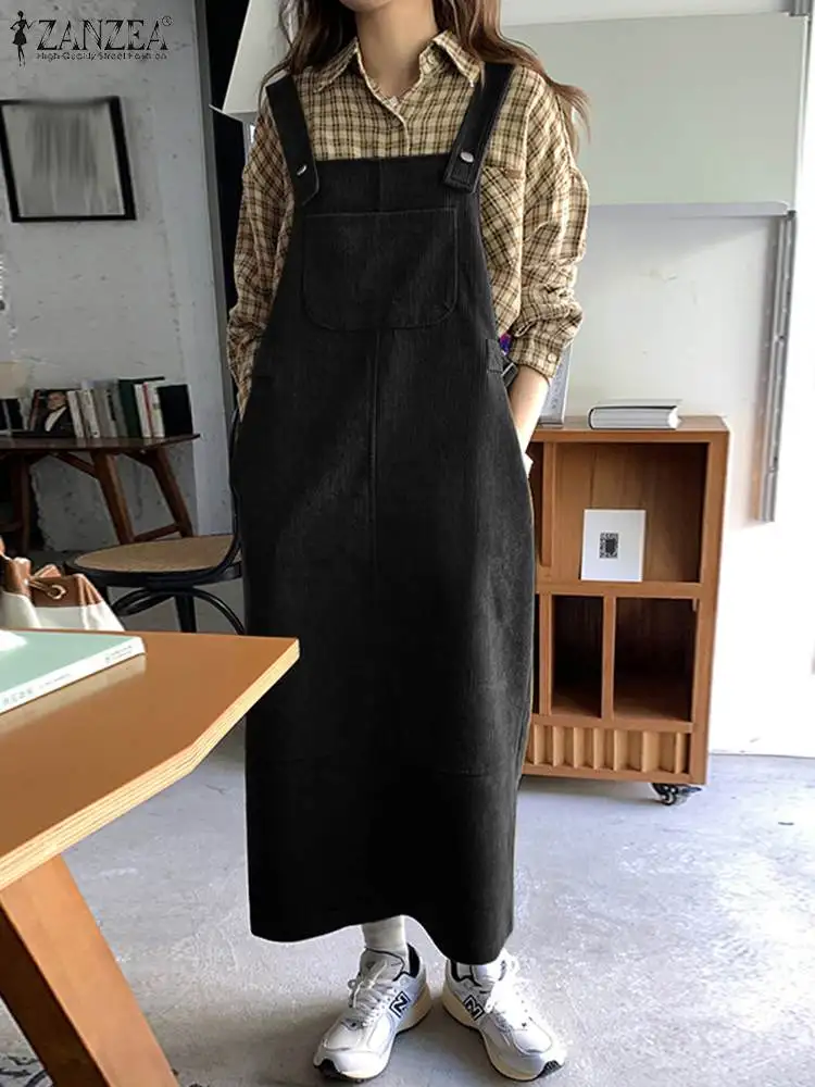 

Fashion Women Suspenders Dress Vintage Corduroy Sleeveless Dresses ZANZEA Autumn Straight Loose Solid Kleid Causal Work Vestidos