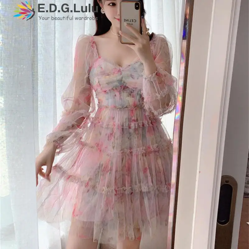 

EDGLuLu V-neck See-through Mesh Long Sleeves Summer Dress Women 2022 Elegant Ruched Printed Tie-dye Loose Mini Dress 0628