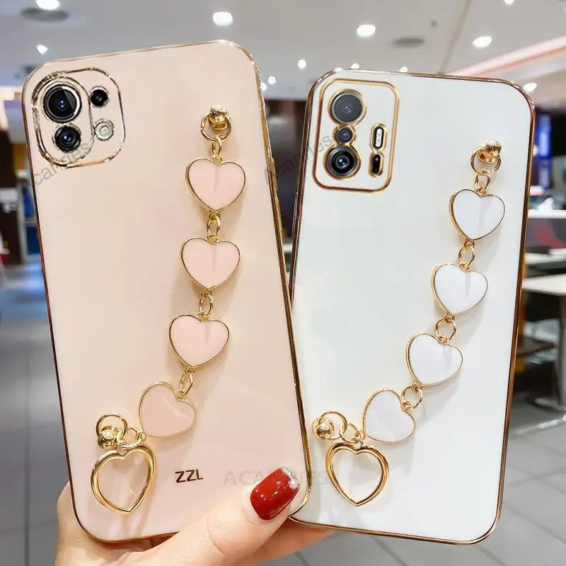

Plating Love Heart Bracelet Chain Case For Xiaomi Mi 11 Lite 5g Ne 11T Pro Mi11 T 12 12x Luxury Wrist Band Cover On Xiomi 11lite