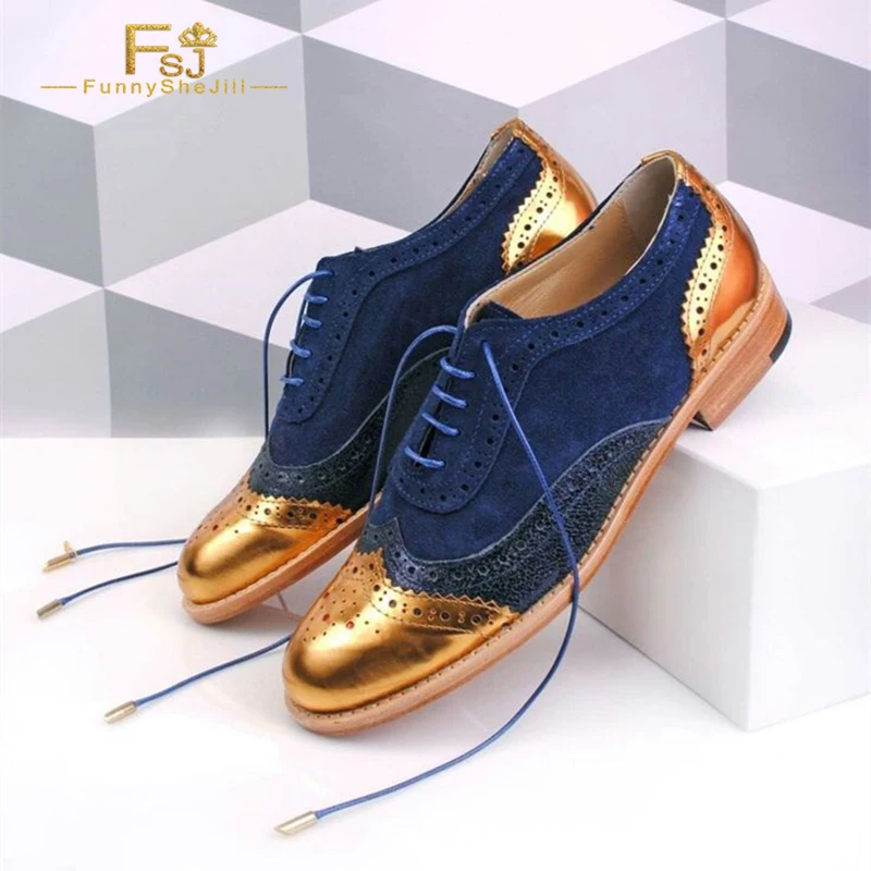 

Gold And Navy Two-Tone Wingtip Oxford Lace-Up Brogue Ladies Plus Size 15 16