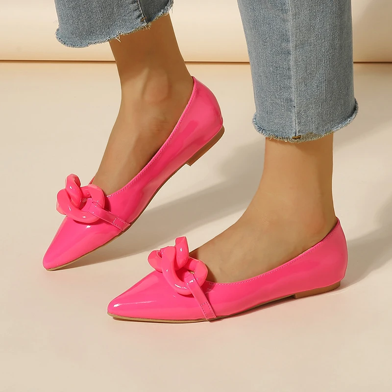 ZOOKERLIN Pointed Toe Patent Leather Women's Shoes Flats Shoes Fashion Chain Pumps Dress Shoes Slip On Simple Solid Color Ladies