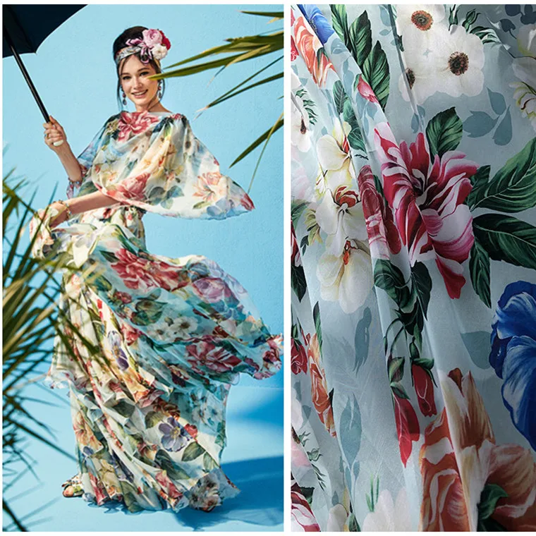 

Peony Printing Chiffon Polyester Fabric Cloth Factory Custom Summer Thin Shirt Dress Sewing Shirt Scarf Fabric by the Meter