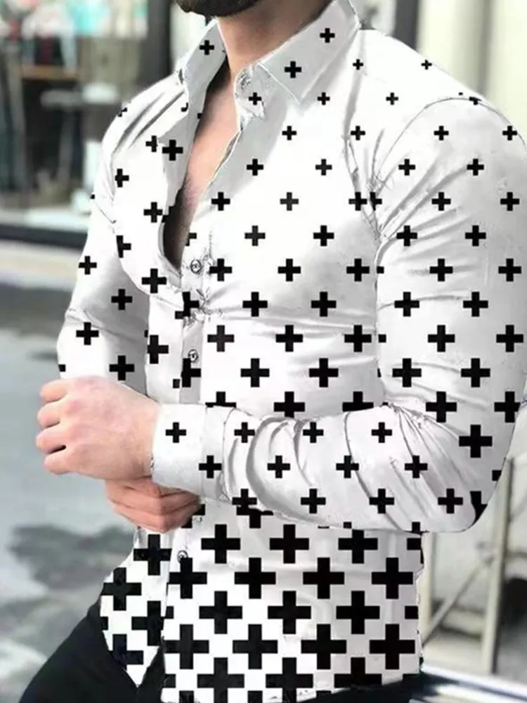 Рубашка мужская с длинным рукавом Классическая принтом на пуговицах деловой