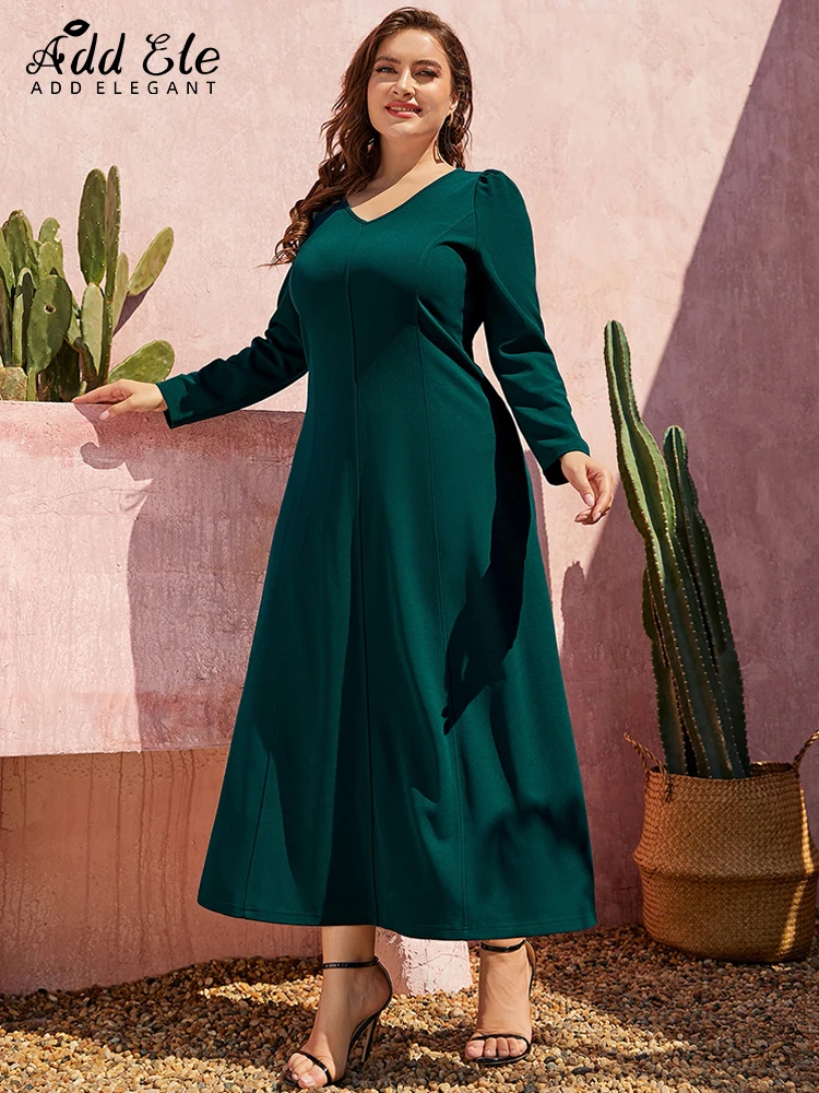 Add Elegant Plus Size Dress Women 2022 Autumn Pleated Design Casual Gentle V-Neck Stylish Long Sleeve Loose Clothing B1089