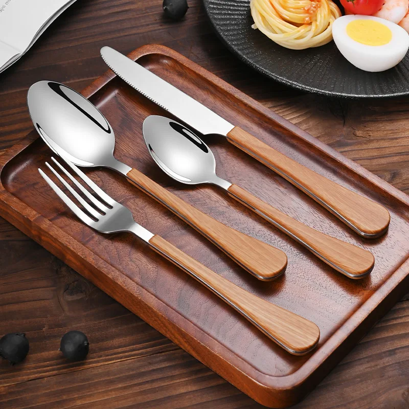

Ins Wooden Handle Steak Stainless Steel Knife Fork Spoon Wooden Grain Spoon Stainless Steel Tableware 4pcs/Set