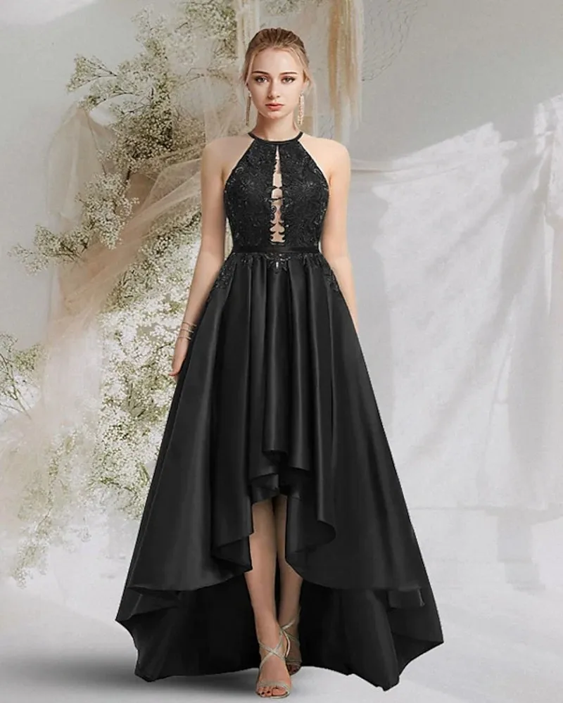 

Black High Low Cut Out Formal Evening Dresses 2022 Halter Neck Backless Lace Satin Prom Birthday Gown Robe Soiree Vestidos