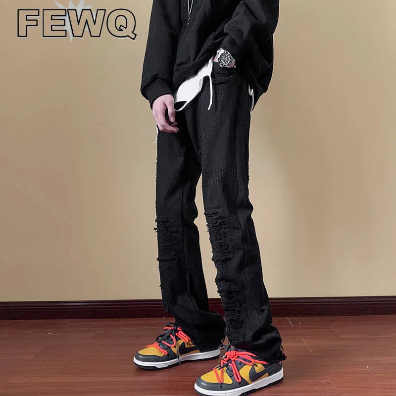 

FEWQ Ripped Jeans Male High Street Y2k Solid Color Burrs Men's Denim Trousers Straight Casual Pants 2023 Spring Tide New 24B1588