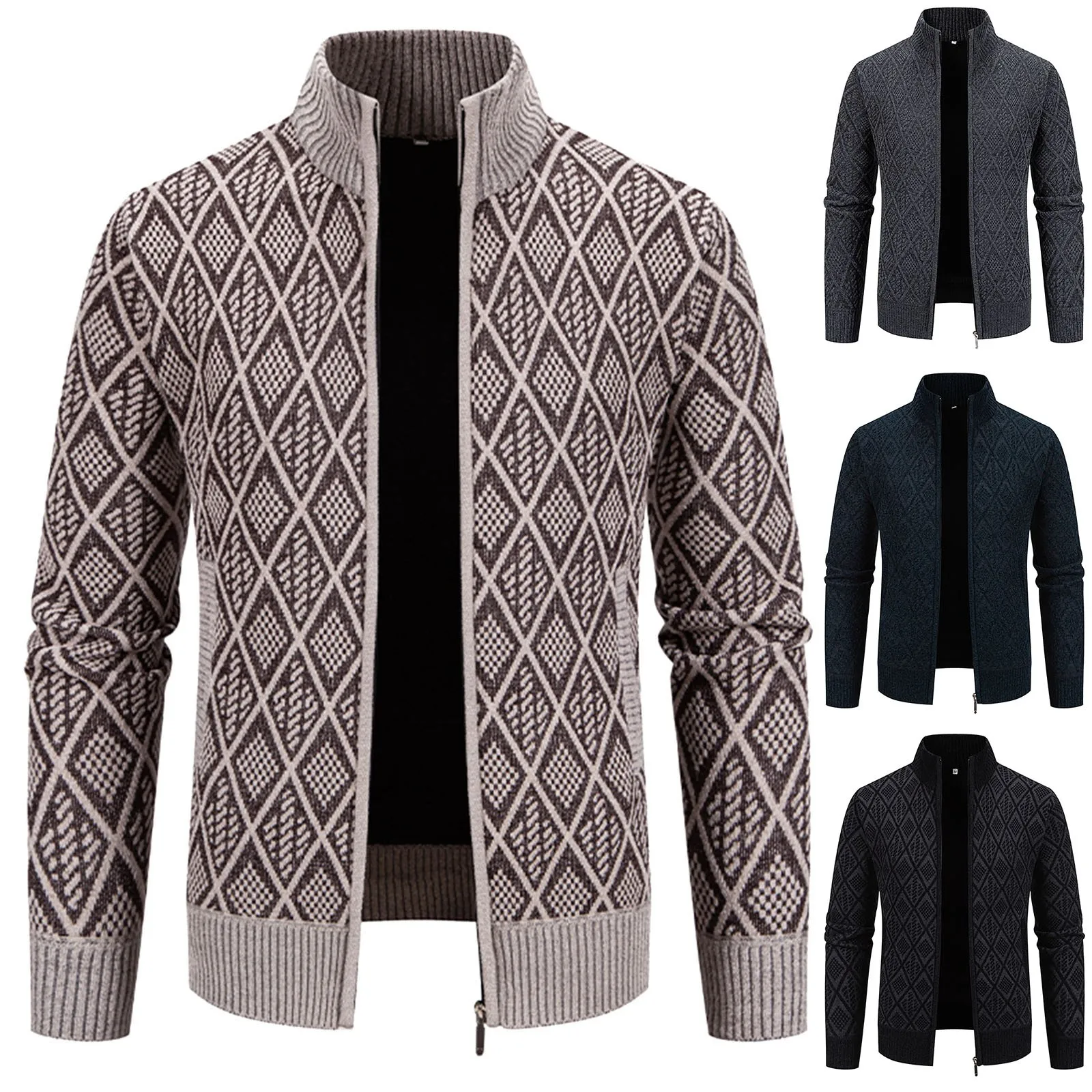 Модный свитер мужской однотонный кардиган на шерстяной подкладке клетчатый в