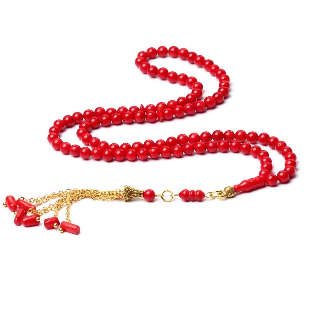 Islamic Prayer Beads Muslim Tespih Silver Tasbih Natural Red Coral Stone Rosary Sibha Round 5mm 99 beads