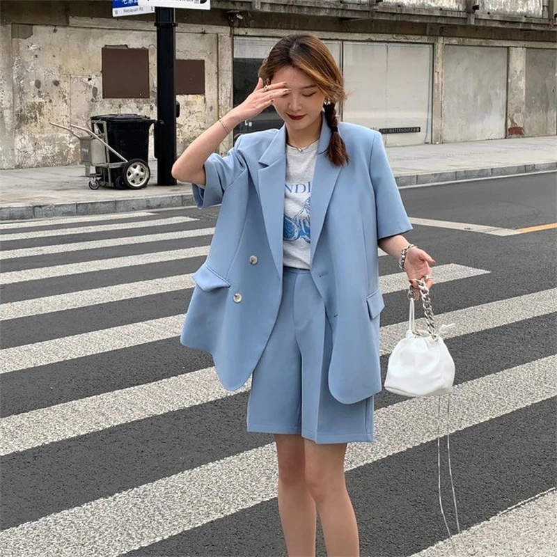 

Summer Loose Short Sleeve Suit Two-Piece Set Women Casual Thin Blazer Jacket + Elastic Waist Shorts Solid Plus Size Outfits Lady