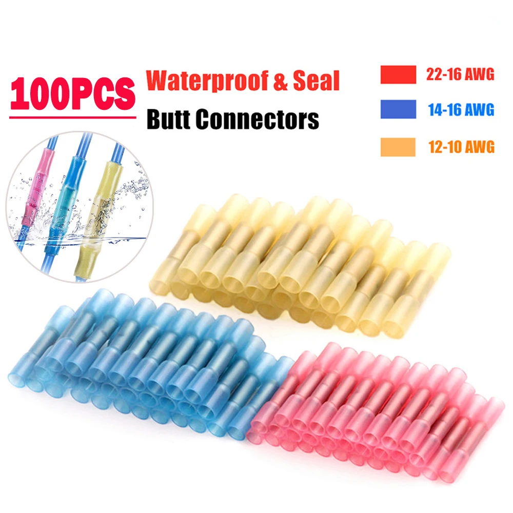 

100pcs Waterproof Insulated Crimp Connectors 22-10 AWG Heat Shrink Butt Seal Wire Splice Connectors Crimp Terminals