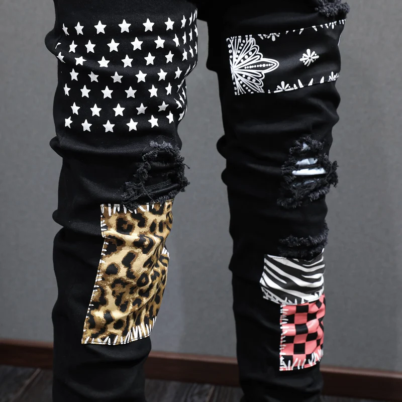 High Street Fashion Men Jeans Black Elastic Skinny Fit Ripped Jeans Men Stars Plaid Patch Designer Hip Hop Brand Pants Hombre