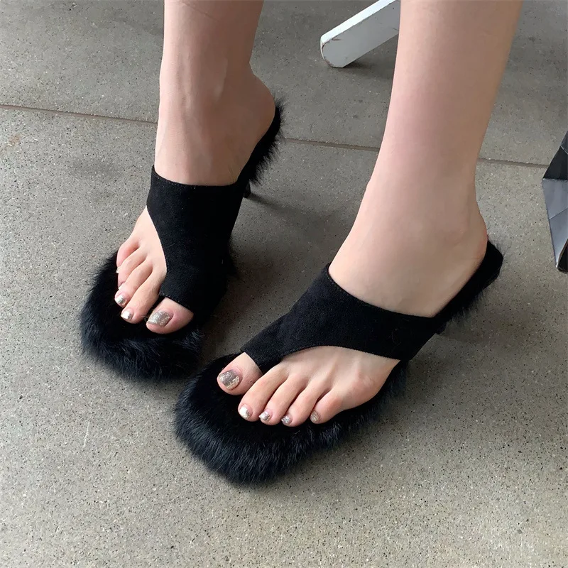 Ladies Slippers Rabbit Fur Thin High Heels New Women Slippers Fur Fashion Party Autumn Summer Flip Flops Dress Party High Heels