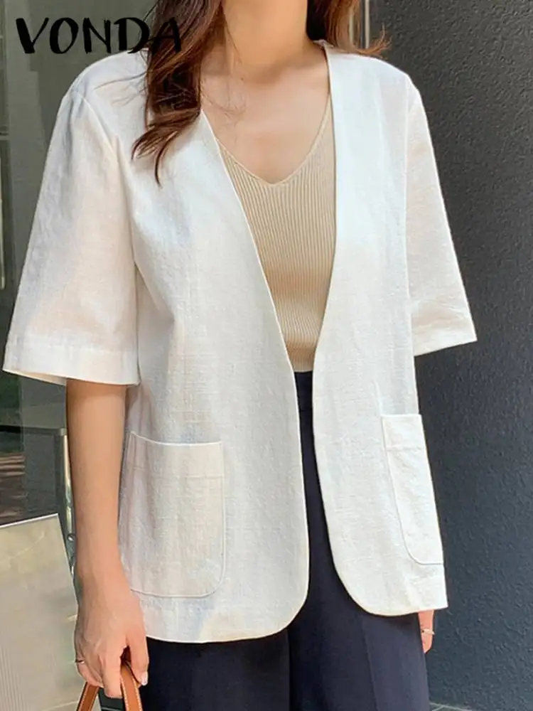 

VONDA Elegant Women's Blazer Coats 2022 Autumn Casual Short Sleeve Outwears Oversized Vintage Lapel Solid Color Blazer Femme