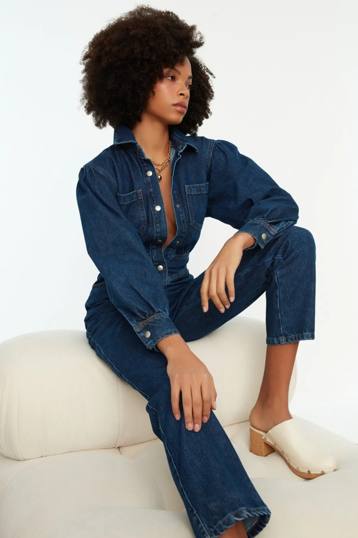 

Women's Overalls Navy Blue Balloon Sleeve Denim Jumpsuit Hot Style Quality Fabric Sleeveless Baggy Trousers Casual Jumpsuit