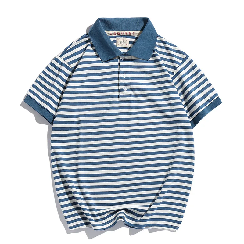 Men's Stripe POLO Shirt Summer Fashion Short Sleeve Blue Navy Style Cotton Classic T-shirt High End 190g Heavyweight Casual Tees
