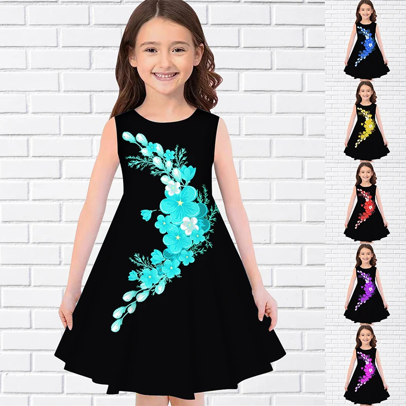 

2022 Summer Girls 3D Flower Print Dresses Kids Girl Party Sleeveless Princess Dress Tank 3D Print Pretty Floral Dress for Girl
