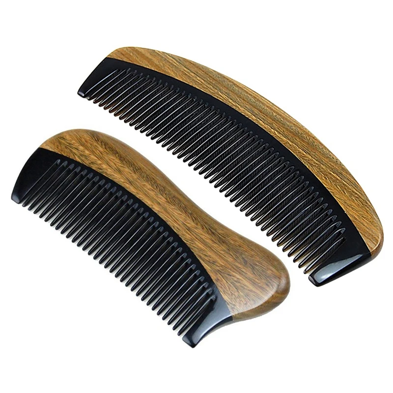 

2Pcs Natural Green Sandalwood Hair Comb - No Static Wooden Fine Tooth Black Buffalo Horn Comb Green Sandalwood - 12 X 5 Cm & 15X