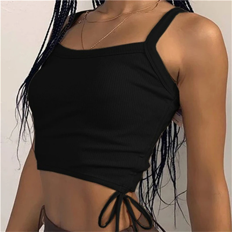 

2022 New Tank Tops Women Sexy Crop Vest with Drawstring Solid Female Off Shoulder Knitted White Summer Ladies Stretch Top