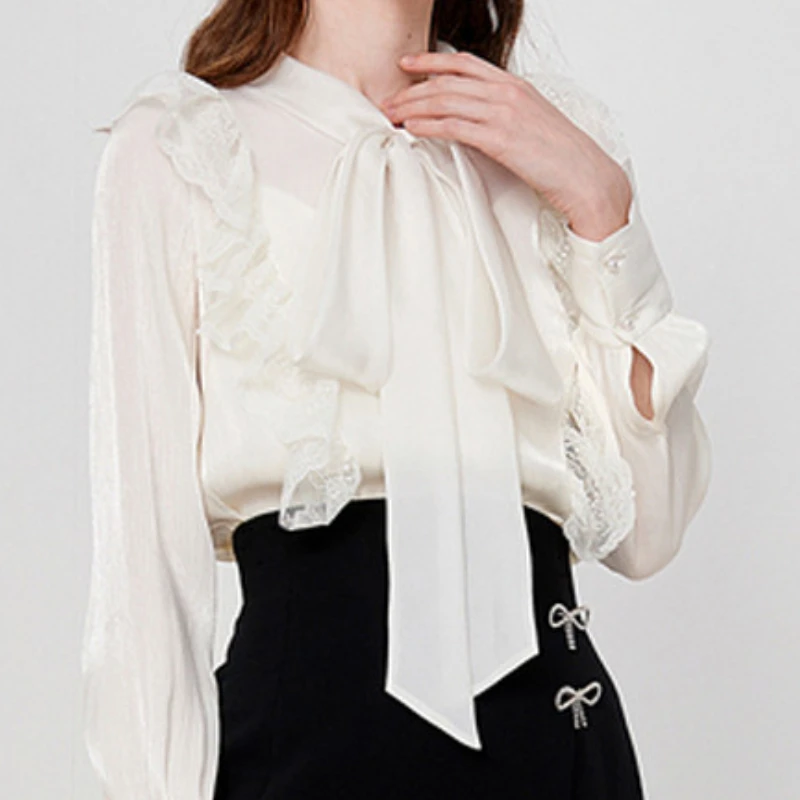 

Creamy Ruffled Lace-up Woman Blouse Butterfly Round Neck Blouses Long Sleeve Elegant Blusas Mujer Shirt Female Dropshipping