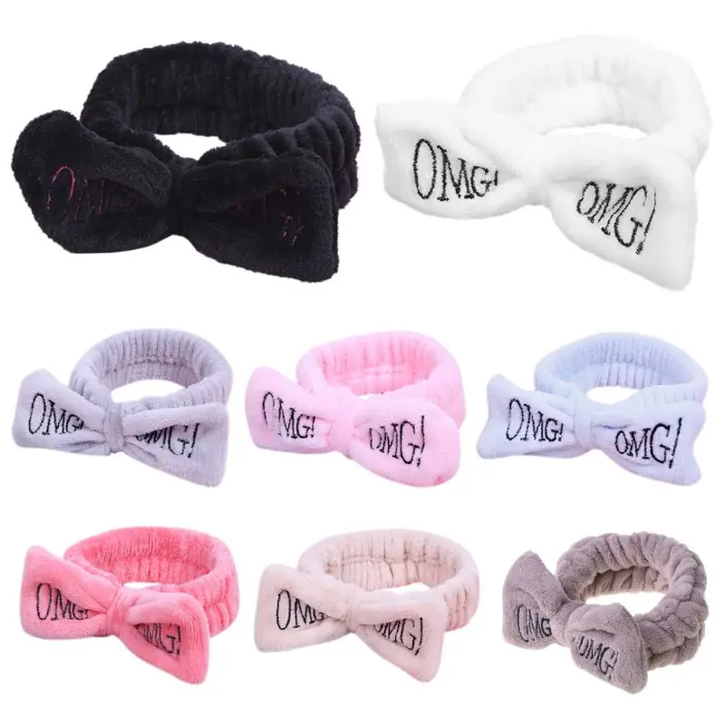 

41XF Women Girls SPA Wide Headband Cute Bowknot OMG Letters Embroidered Hairband Elas