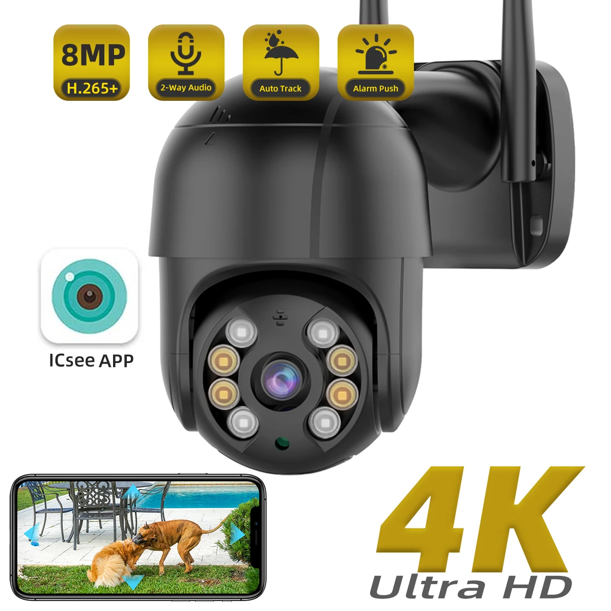 

8MP 4K Outside Camera WIFI Huam Detection Ultra HD Color Night Vision Home PTZ IP Camera 5X Digital Zoom Security Surveillance