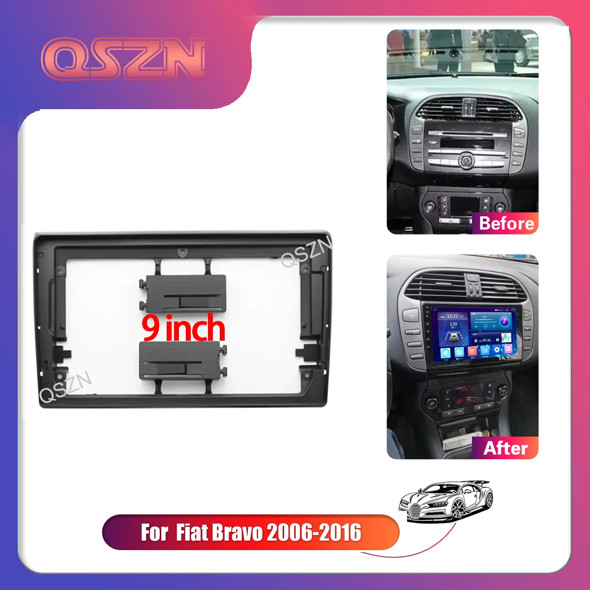 

QSZN 9 Inch Car radio Frame Fascia For FIAT BRAVO 2006+ GPS Auto Stereo Panel Dashboard Mount Kit Installation 2 Din Trim Cover