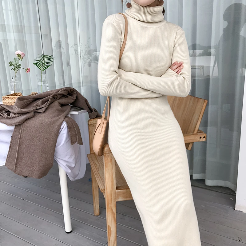 

Retro temperament 2022 autumn and winter new long skirt Hepburn style long over-the-knee stitch long-sleeved knitted dress women