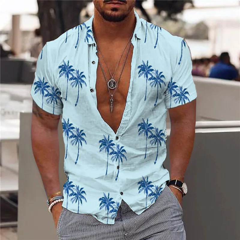 Summer Beach Shirt Men Hawaiian Style Shirt Print Trend Cardigan Casual Short Sleeve Outerwear Loose