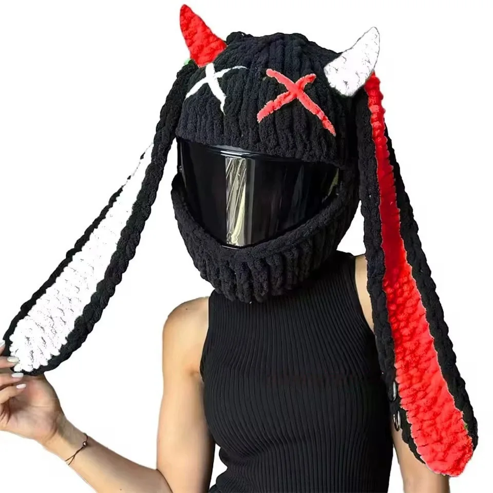 

Зимний мотоциклетный шлем, головной убор, модный чехол с рогами дьявола, вязаный защитный чехол для мотокросса с героями мультфильмов на все лицо