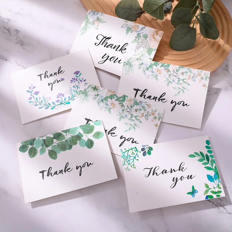 

30 Pc(5 Set) Green Leaf English Thank You Greeting Business Wish Festival Celebration Card with Envelope Creative Half Fold