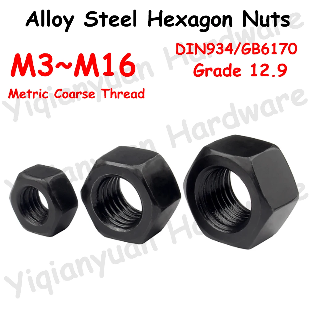 Yiqianyuan DIN934 GB6170 класс 12,9 легированная сталь шестигранные гайки черный оксид Метрическая грубая резьба Фотоэлементы M14 M16