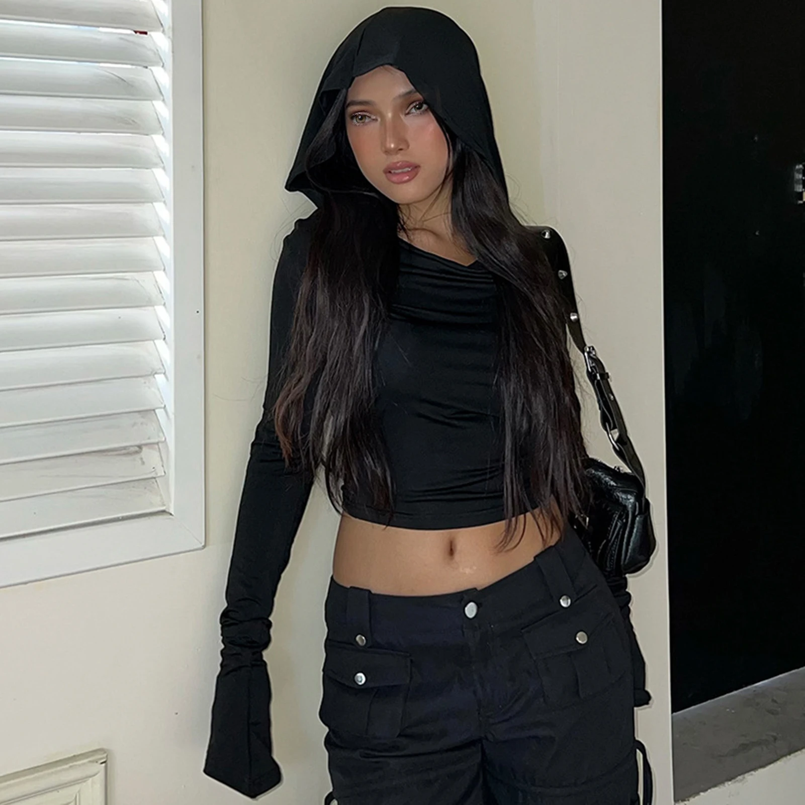 

Толстовка Женская Базовая однотонная, свитшот с длинным рукавом и открытым пупком, спортивный облегающий костюм, уличная одежда