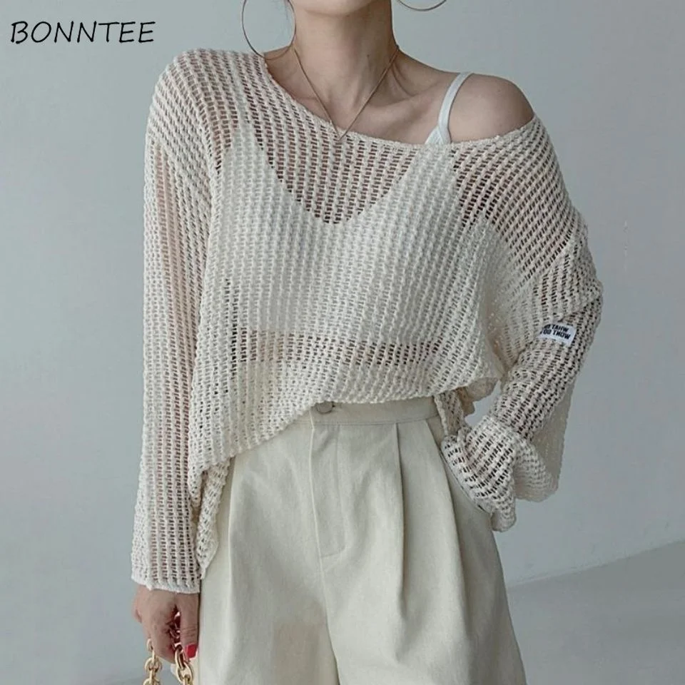 

Pullovers Women Long Sleeve Thin Summer Sun-proof Loose Solid Elegant All-match Females Design Fashion Leisure Свитер Женский