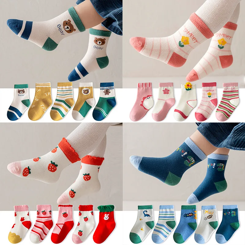 Kids Socks 5 Pairs Spring Summer Children's Pure Mid-Tube Cotton Soft Boys And Girls For Clothing Accessories