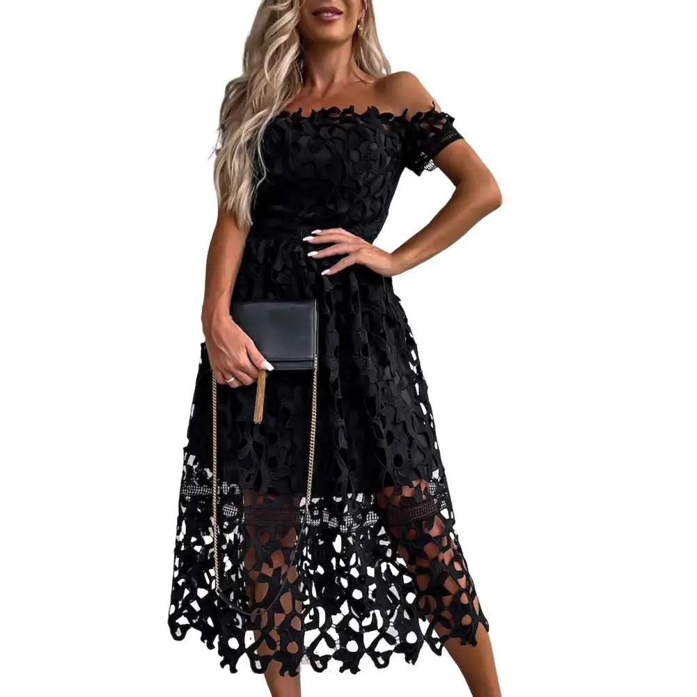 

Midi Dress Short Sleeve Formal Dress Solid Color Strapless Dress