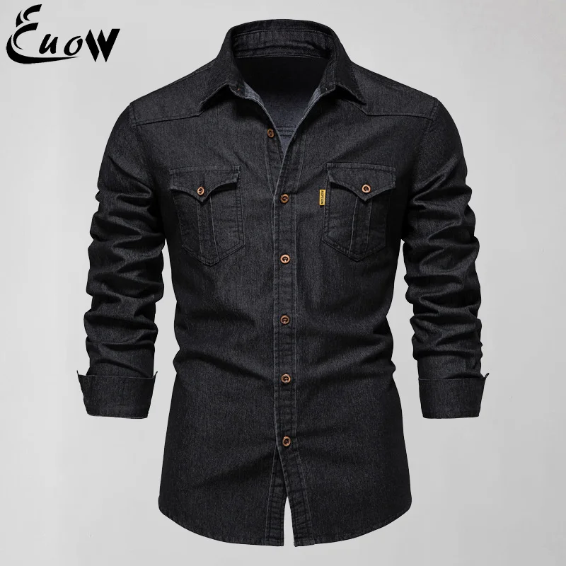 

2023 Sprin Fasion US Size Cotton Lon Sleeve Denim Sirts Men's Casual Solid Color Pocket Men i Quality Sirts Streetwear