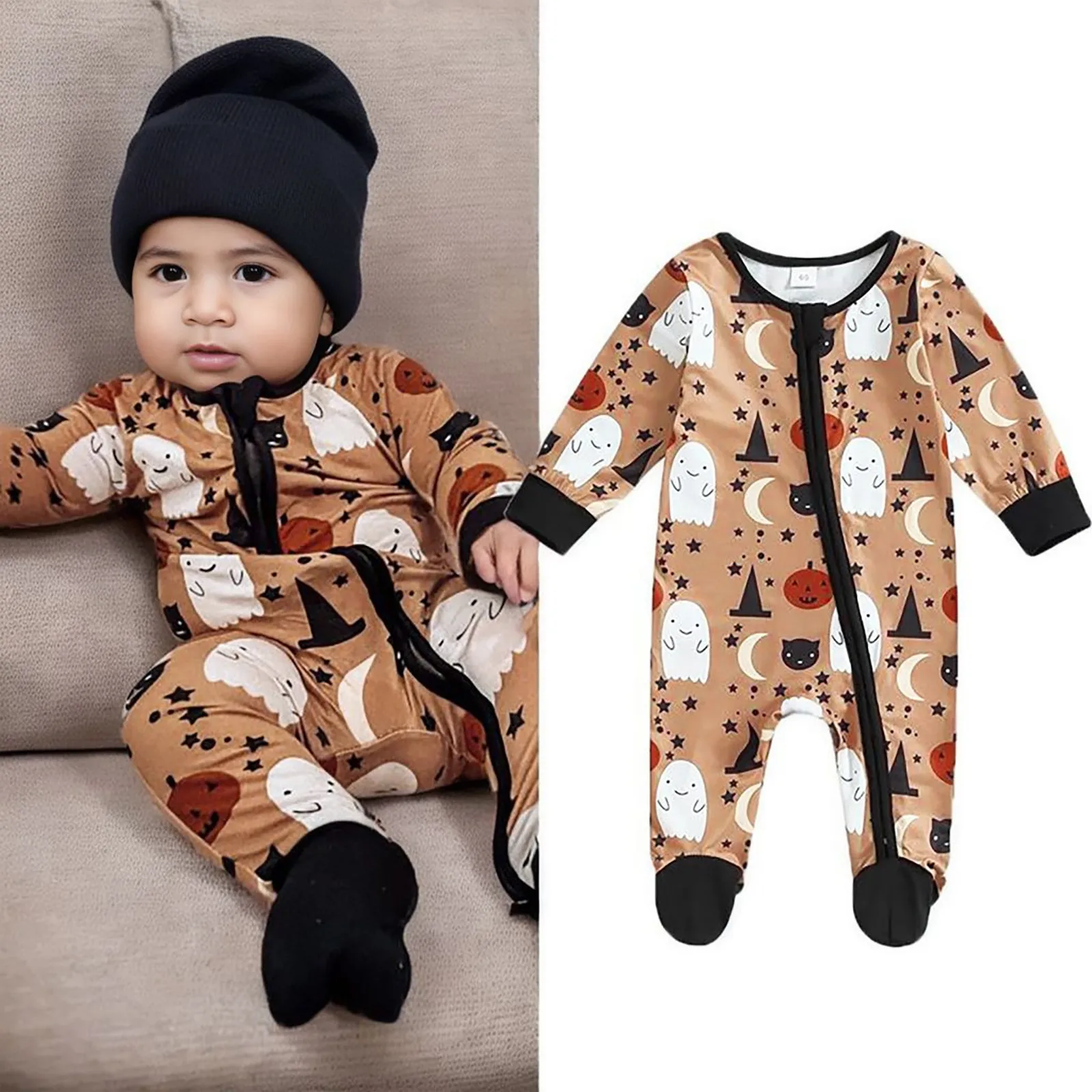 

0-6M Toddler Baby Girls Boys Footed Rompers Halloween Cute Pumpkin Print Long Sleeve Zipper Ruffles Jumpsuit Infant Bodysuits