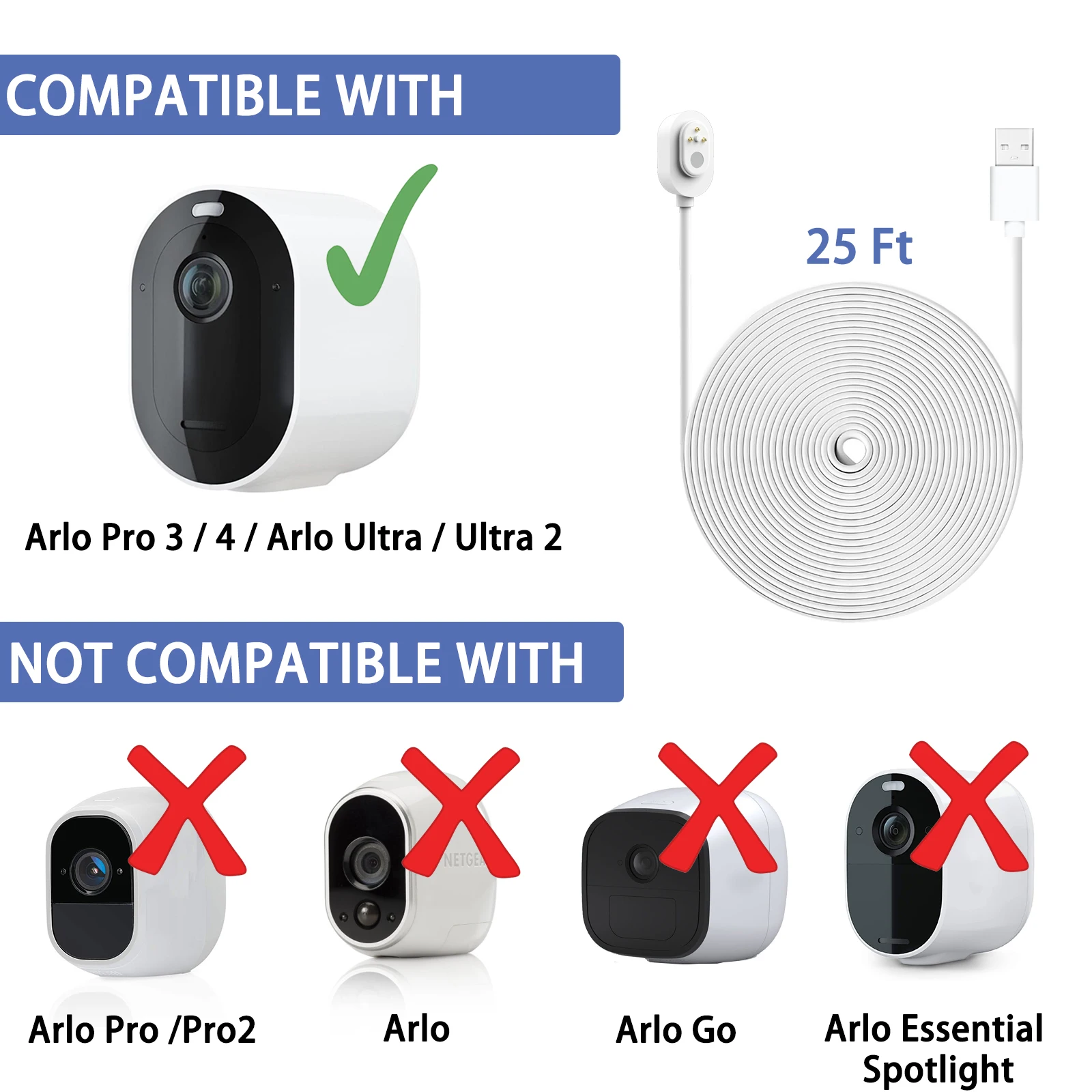 Уличный зарядный кабель 25ft/7 6 m для Arlo Ultra/Ultra 2/Pro 3/Pro 4/Pro 3 прожектор/Go 2 (черный) |
