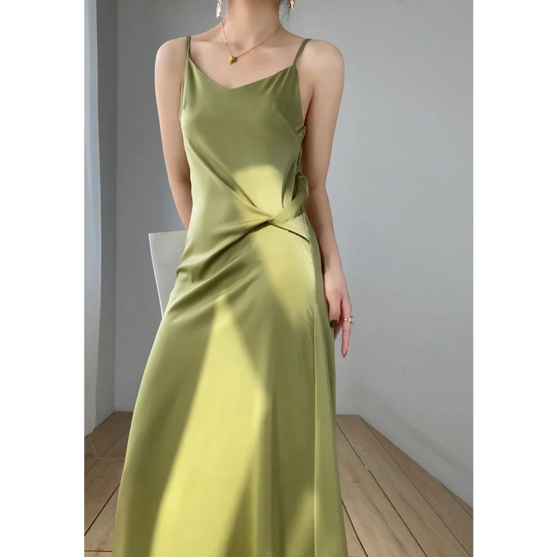 

Summer V Neck Sleeveless Suspender Dress Women Slim Waist Satin Sling Dress Elegant Solid Color Female Midi Dress Green 2022