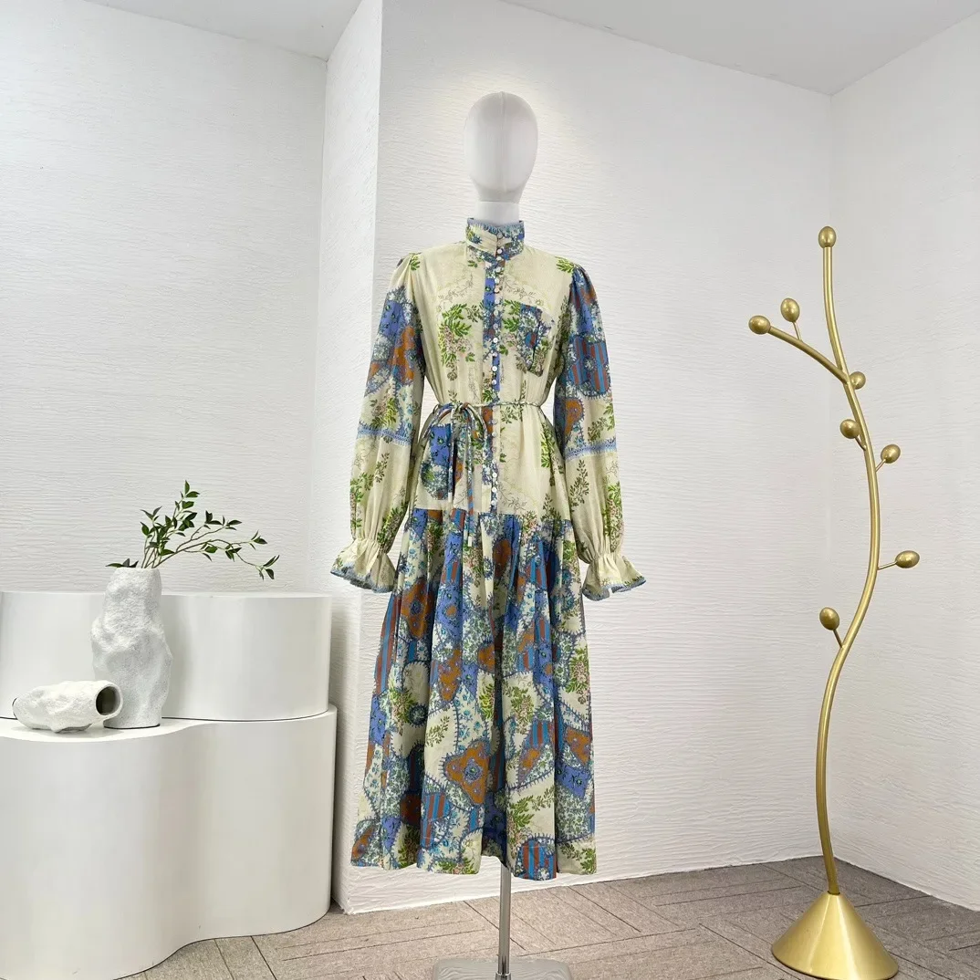 

2023 New Silk Cotton Blue Beige Floral Printing Turtle Neck Long Top Quality Dresses for Women