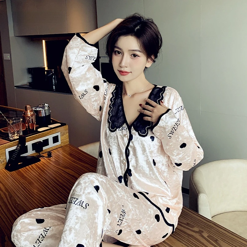 Women's Pajamas Set Velvet Sleepwear Cute Bow Print Lapel Homewear Casual Lace Nightwear Luxury Pyjamas Femme for Girl pajamas